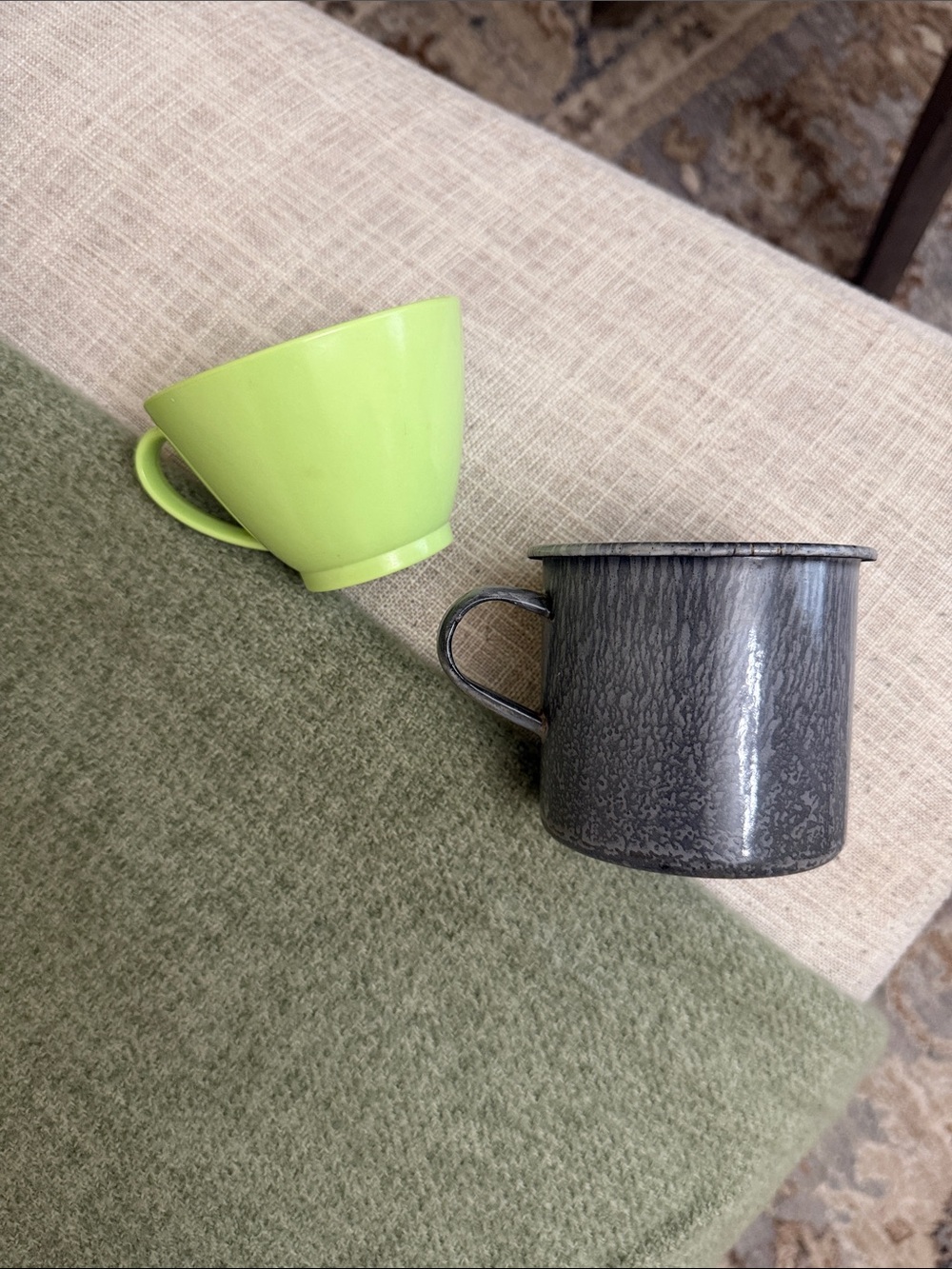 Vintage Green Ceramic Mug and Gray Speckled Enamel Mug - Set of 2